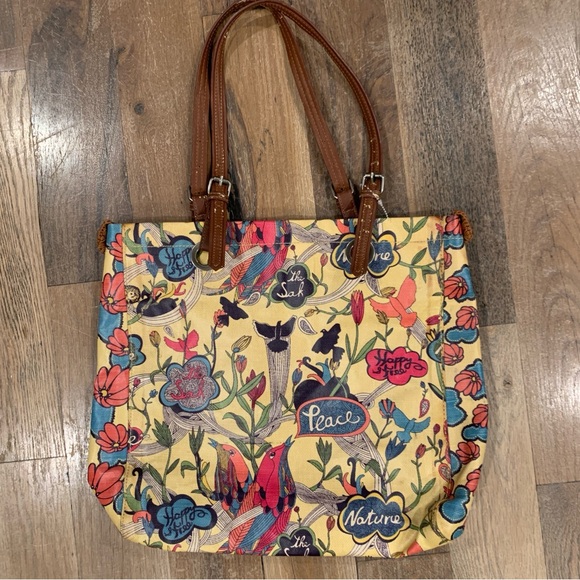 Sakroots Coated Canvas Peace/Bird Multicolored Floral Print Tote Bag - Picture 1 of 16